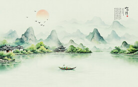 新中式水墨江南风景画背景墙