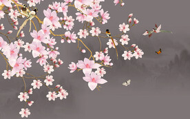 中式复古山水玉兰电视背景墙