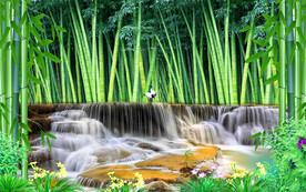 竹林瀑布流水3d风景背景墙