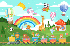 可爱动物火车卡通气球儿童背景墙