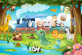 卡通森林可爱动物火车儿童背景墙