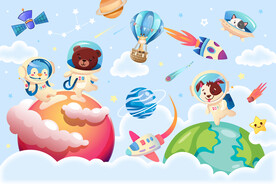卡通动物宇航员外太空星球背景墙