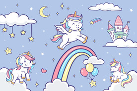 卡通彩虹云朵可爱独角兽城堡背景