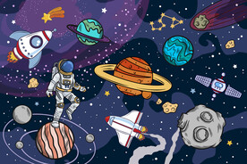 卡通星球太空火箭宇宙星空背景墙