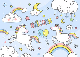 卡通彩虹云朵可爱手绘独角兽背景