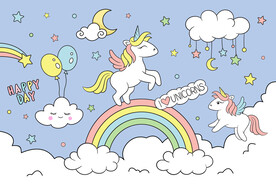 手绘彩虹独角兽卡通云朵星星背景