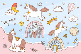 手绘独角兽卡通彩虹云朵背景墙