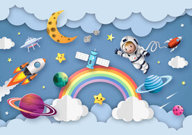 卡通彩虹外太空宇航员星球背景墙