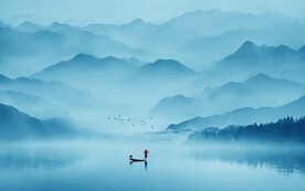 空灵意境山水风景蓝色写意背景墙