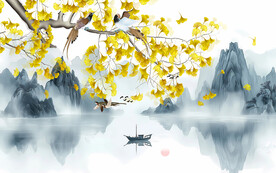 工笔花鸟银杏山水