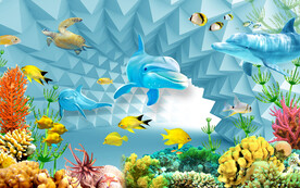 3D立体空间海底世界海豚背景墙