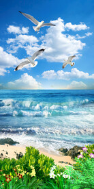 蓝天白云海滩海景3D玄关