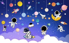 手绘太空火箭卡通星球儿童背景墙