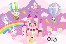 可爱动物卡通城堡彩虹气球背景墙