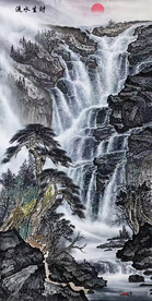 竖幅国画瀑布流水生财