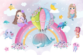 可爱美人鱼卡通鲸鱼气球彩虹背景