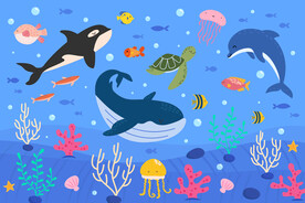 蓝色卡通鲸鱼海洋动物珊瑚背景墙
