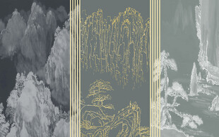 新中式木格栅金色线描国画背景墙