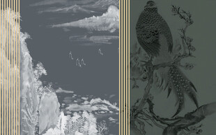 金色线描国画电视背景墙壁画