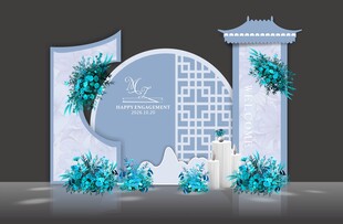 蓝色婚庆迎宾区签到墙婚礼效果图