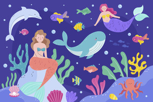 卡通海底动物可爱美人鱼珊瑚背景