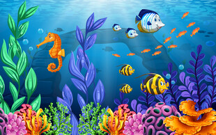 卡通海底世界儿童房背景墙