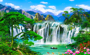 迎客松山水风景画