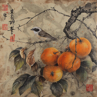 柿柿如意工笔国画花鸟装饰画素材-柿柿如意工笔国画花鸟装饰画