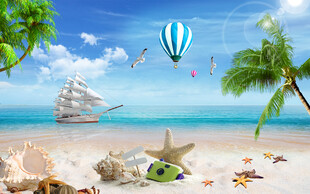 蓝天白云沙滩大海背景墙