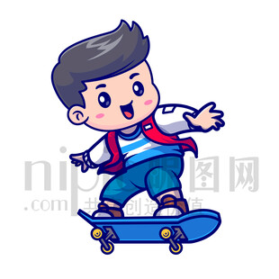 可爱卡通玩滑板的小男孩