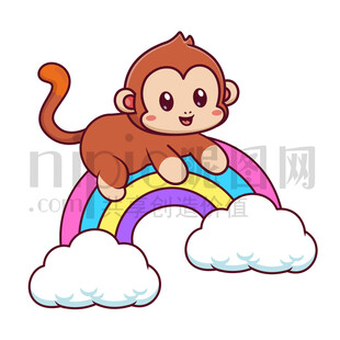 可爱卡通趴在彩虹上的猴子