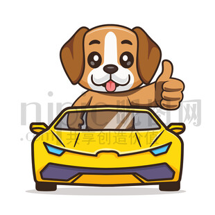 可爱卡通坐跑车的小狗