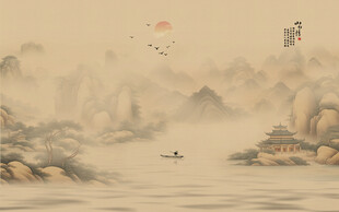 中式屏风古风水墨山水画背景墙