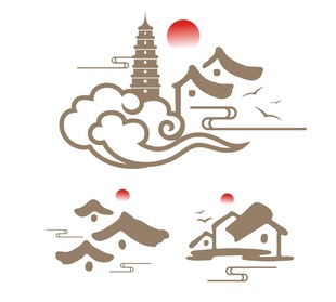 矢量中国风古塔房屋云纹乡村