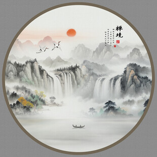 圆形水墨山水画
