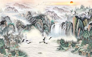 中式流水山水背景