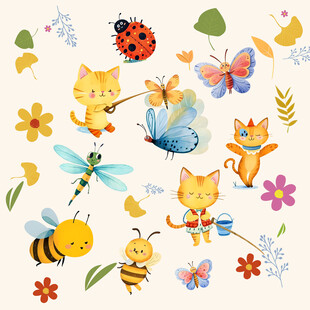 卡通昆虫小猫印花图案