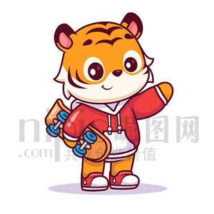 可爱卡通玩滑板的老虎