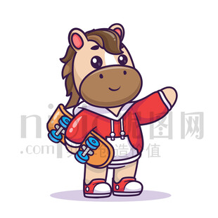 可爱卡通玩滑板的马