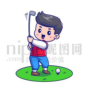 可爱卡通人物打高尔夫球的男孩