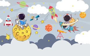 北欧简约宇航员太空儿童房背景墙