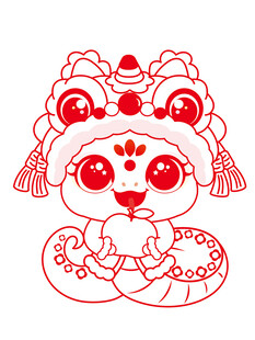 快乐蛇舞狮子线稿手绘作品