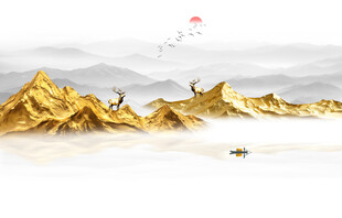 金色山水画背景墙