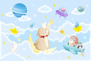 卡通月亮星球可爱动物云朵背景墙