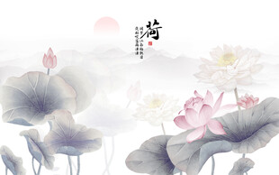 新中式手绘荷花山水背景墙