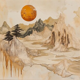 日本画　山水画　金箔背景 T40.jpg