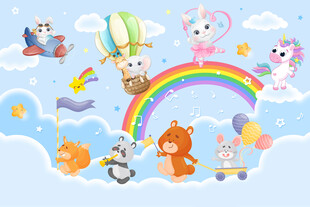 可爱动物音乐会卡通彩虹儿童背景