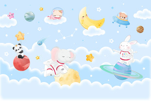 卡通天空可爱动物星球宇宙背景墙