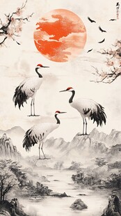 旭日仙鶴圖 旭日双鶴図 – 古美術 太湖