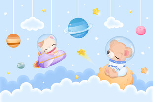 卡通太空星球可爱动物宇航员背景